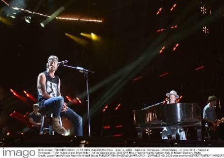 June 11, 2016 - Nashville, Tennessee, United States - 11 June 2016 - Nashville, Tennessee - Tyler Hubbard and Brian Kelley, Florida Georgia Line. 2016 CMA Music Festival Nightly Concert held at Nissan Stadium. Photo Credit: Laura Farr AdMedia Nashville United States - ZUMAa123
