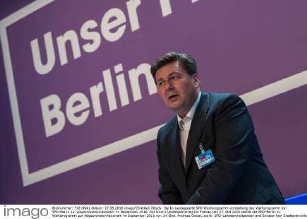 Berlin Landespolitk SPD Wahlprogramm Vorstellung des Wahlprogramm der SPD-Berlin zur Abgeordnetenhauswahl im September 2016. Auf einem Landesparteitag am Freitag den 27. Mai 2016 stellte die SPD-Berlin ihr Wahlprogramm zur Abgeordnetenhauswahl im September 2016 vor. Im Bild: Andreas Geisel, stellv. SPD-Landesvorsitzender und Senator fuer Stadtentwicklung und Umwelt. 27.5.2016, Berlin