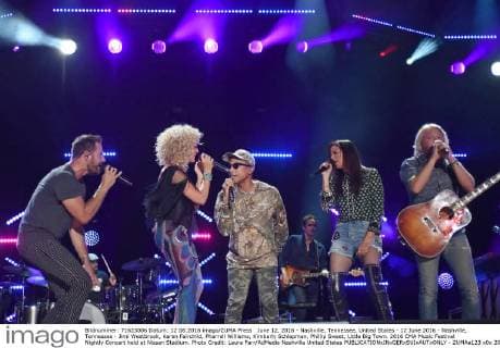 June 12, 2016 - Nashville, Tennessee, United States - 12 June 2016 - Nashville, Tennessee - Jimi Westbrook, Karen Fairchild, Pharrell Williams, Kimberly Schlapman, Phillip Sweet, Little Big Town. 2016 CMA Music Festival Nightly Concert held at Nissan Stadium. Photo Credit: Laura Farr AdMedia Nashville United States - ZUMAa123