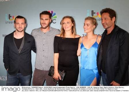 LOS ANGELES - JUN 16: Aquarius Cast, Gethin Anthony, Grey Damon, Michaela McManus, Claire Holt, David Duchovny at the Aquarius Season 2 Premiere Screening Arrivals at the Paley Center For Media on June 16, 2016 in Beverly Hills, CA  KathyxHutchins