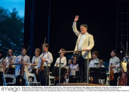 Music Dirctor and Conductor Alan Gilbert Alan Gilbert(C) of the New York Philharmonic greets audience during a concert at Central Park in New York, on June 16, 2016. The New York Philharmonic Concerts in the Parks has become a popular summer event in New York as people can enjoy music in the natural surroundings. ) U.S.-NEW YORK-CONCERTS IN THE PARKS LixMuzi 