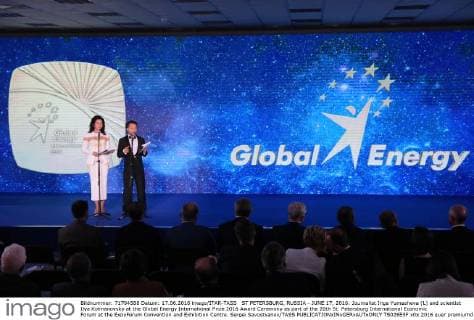 ST PETERSBURG, RUSSIA - JUNE 17, 2016: Journalist Inga Yumasheva (L) and scientist Ilya Kolmanovsky at the Global Energy International Prize 2016 Award Ceremony as part of the 20th St. Petersburg International Economic Forum at the ExpoForum Convention and Exhibition Centre. Sergei Savostyanov TASS  TS026E5F