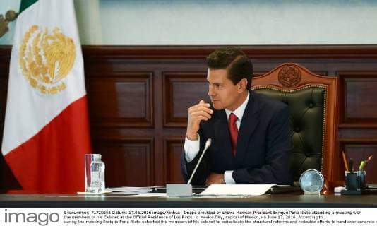 Image provided by shows Mexican President Enrique Pena Nieto attending a meeting with the members of his Cabinet at the Official Residence of Los Pinos, in Mexico City, capital of Mexico, on June 17, 2016. According to , during the meeting Enrique Pena Nieto exhorted the members of his cabinet to consolidate the structural reforms and redouble efforts to hand over concrete results to the citizens which positively impact their daily lives. ) (jp) (da) MEXICO-MEXICO CITY-POLITICS MEXICO SxPRESIDENCY 