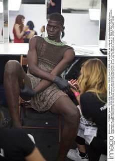 MILAN, June 19, 2016 -- A model has his make-up done backstage before Vivienne Westwood men s Spring-Summer 2016-2017 collection, part of the Milan Fashion Week in Milan, Italy, on June 19, 2016. ) ITALY-MILAN-FASHION WEEK-MEN-VIVIENNE WESTWOOD-BACKSTAGE JinxYu 