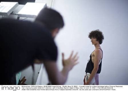 MILAN, June 19, 2016 -- A model poses for a photo backstage before Vivienne Westwood men s Spring-Summer 2016-2017 collection, part of the Milan Fashion Week in Milan, Italy, on June 19, 2016. ) ITALY-MILAN-FASHION WEEK-MEN-VIVIENNE WESTWOOD-BACKSTAGE JinxYu 