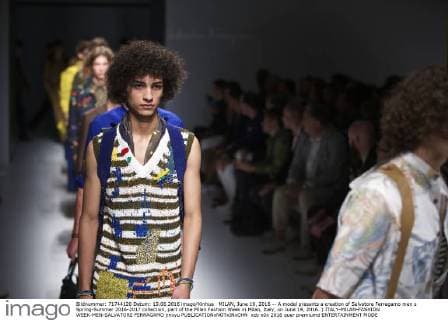 MILAN, June 19, 2016 -- A model presents a creation of Salvatore Ferragamo men s Spring-Summer 2016-2017 collection, part of the Milan Fashion Week in Milan, Italy, on June 19, 2016. ) ITALY-MILAN-FASHION WEEK-MEN-SALVATORE FERRAGAMO jinxyu 