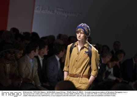 MILAN, June 19, 2016 -- A model presents a creation of Salvatore Ferragamo men s Spring-Summer 2016-2017 collection, part of the Milan Fashion Week in Milan, Italy, on June 19, 2016. ) ITALY-MILAN-FASHION WEEK-MEN-SALVATORE FERRAGAMO jinxyu 