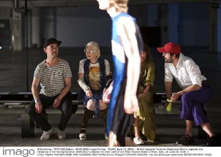 MILAN, June 19, 2016 -- British designer Vivienne Westwood (2nd L) watches the rehearsal of her Spring-Summer 2016-2017 collection for men, part of the Milan Fashion Week in Milan, Italy, on June 19, 2016. ) ITALY-MILAN-FASHION WEEK-MEN-VIVIENNE WESTWOOD jinxyu 