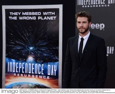 Cast member Liam Hemsworth attends the premiere of the sci-fi motion Independence Day: Resurgence at the El Capitan Theatre in the Hollywood section of Los Angeles on June 20, 2016. Storyline: Two decades after the first Independence Day invasion, Earth is faced with a new extra-Solar threat. But will mankind s new space defenses be enough?  LAP2016062002 JIMxRUYMEN