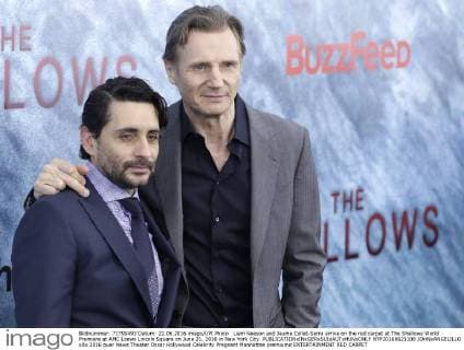 Liam Neeson and Jaume Collet-Serra arrive on the red carpet at The Shallows World Premiere at AMC Loews Lincoln Square on June 21, 2016 in New York City.  NYP20160621108 JOHNxANGELILLO