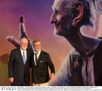 Composer John Williams (L), who scored the soundtrack for the Steven Spielberg (R) directed motion picture fantasy BFG attends the premiere of the film at the El Capitan Theatre in the Hollywood section of Los Angeles on June 21, 2016. Storyline: A girl named Sophie encounters the Big Friendly Giant who, despite his intimidating appearance, turns out to be a kindhearted soul who is considered an outcast by the other giants because, unlike them, he refuses to eat children.  LAP2016062119 JIMxRUYMEN