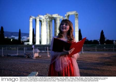June 21, 2016 - Athens, Attica, Greece - Soprano Eleni Papadopoulou practices before concert. Greek Military Orchestra performs at the Temple of Olympian Zeus in Athens celebrating the European Music Day on June 21, 2016 Athens Greece  - ZUMAn230