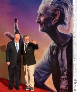 Composer John Williams (L), who scored the soundtrack for the Steven Spielberg (R) directed motion picture fantasy The BFG attends the premiere of the film at the El Capitan Theatre in the Hollywood section of Los Angeles on June 21, 2016. Storyline: A girl named Sophie encounters the Big Friendly Giant who, despite his intimidating appearance, turns out to be a kindhearted soul who is considered an outcast by the other giants because, unlike them, he refuses to eat children.  LAP2016062120 JIMxRUYMEN