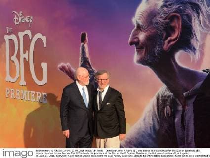 Composer John Williams (L), who scored the soundtrack for the Steven Spielberg (R) directed motion picture fantasy The BFG attends the premiere of the film at the El Capitan Theatre in the Hollywood section of Los Angeles on June 21, 2016. Storyline: A girl named Sophie encounters the Big Friendly Giant who, despite his intimidating appearance, turns out to be a kindhearted soul who is considered an outcast by the other giants because, unlike them, he refuses to eat children.  LAP2016062121 JIMxRUYMEN