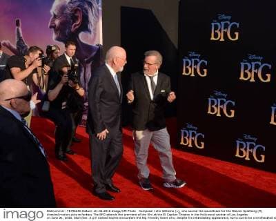 Composer John Williams (L), who scored the soundtrack for the Steven Spielberg (R) directed motion picture fantasy The BFG attends the premiere of the film at the El Capitan Theatre in the Hollywood section of Los Angeles on June 21, 2016. Storyline: A girl named Sophie encounters the Big Friendly Giant who, despite his intimidating appearance, turns out to be a kindhearted soul who is considered an outcast by the other giants because, unlike them, he refuses to eat children.  LAP2016062118 JIMxRUYMEN
