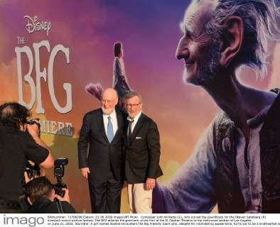 Composer John Williams (L), who scored the soundtrack for the Steven Spielberg (R) directed motion picture fantasy The BFG attends the premiere of the film at the El Capitan Theatre in the Hollywood section of Los Angeles on June 21, 2016. Storyline: A girl named Sophie encounters the Big Friendly Giant who, despite his intimidating appearance, turns out to be a kindhearted soul who is considered an outcast by the other giants because, unlike them, he refuses to eat children.  LAP2016062122 JIMxRUYMEN