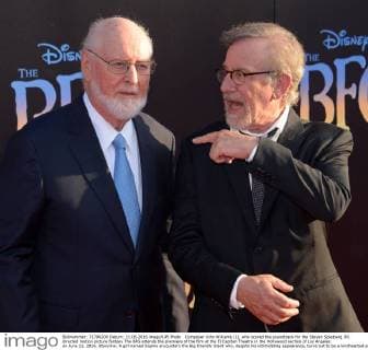 Composer John Williams (L), who scored the soundtrack for the Steven Spielberg (R) directed motion picture fantasy The BFG attends the premiere of the film at the El Capitan Theatre in the Hollywood section of Los Angeles on June 21, 2016. Storyline: A girl named Sophie encounters the Big Friendly Giant who, despite his intimidating appearance, turns out to be a kindhearted soul who is considered an outcast by the other giants because, unlike them, he refuses to eat children.  LAP2016062123 JIMxRUYMEN