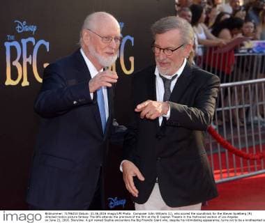 Composer John Williams (L), who scored the soundtrack for the Steven Spielberg (R) directed motion picture fantasy The BFG attends the premiere of the film at the El Capitan Theatre in the Hollywood section of Los Angeles on June 21, 2016. Storyline: A girl named Sophie encounters the Big Friendly Giant who, despite his intimidating appearance, turns out to be a kindhearted soul who is considered an outcast by the other giants because, unlike them, he refuses to eat children.  LAP2016062124 JIMxRUYMEN