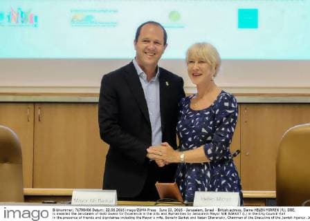 June 22, 2016 - Jerusalem, Israel - British actress, Dame HELEN MIRREN (R), DBE, is awarded the Jerusalem of Gold Award for Excellence in the Arts and Humanities by Jerusalem Mayor NIR BARKAT (L) in the City Council Hall in the presence of friends and dignitaries including the Mayor s wife, Beverly Barkat and Natan Sharansky, Chairman of the Executive of the Jewish Agency. Jerusalem Israel - ZUMAa126