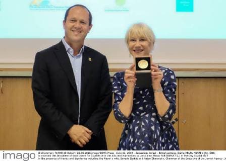 June 22, 2016 - Jerusalem, Israel - British actress, Dame HELEN MIRREN (R), DBE, is awarded the Jerusalem of Gold Award for Excellence in the Arts and Humanities by Jerusalem Mayor NIR BARKAT (L) in the City Council Hall in the presence of friends and dignitaries including the Mayor s wife, Beverly Barkat and Natan Sharansky, Chairman of the Executive of the Jewish Agency. Jerusalem Israel - ZUMAa126