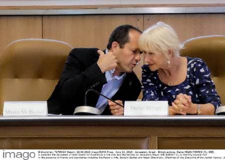 June 22, 2016 - Jerusalem, Israel - British actress, Dame HELEN MIRREN (R), DBE, is awarded the Jerusalem of Gold Award for Excellence in the Arts and Humanities by Jerusalem Mayor NIR BARKAT (L) in the City Council Hall in the presence of friends and dignitaries including the Mayor s wife, Beverly Barkat and Natan Sharansky, Chairman of the Executive of the Jewish Agency. Jerusalem Israel - ZUMAa126