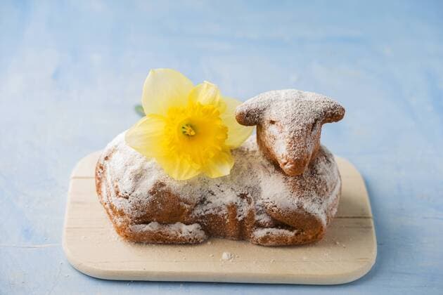 Easter lamb and daffodil on chopping board  MYF001504