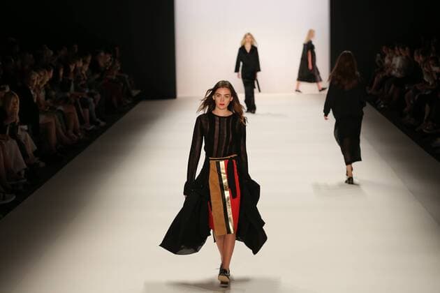 Germany: Mercedes-Fashion Week in Berlin Model wears the collection of Avelon on the catwalk at the Erika Hess Ice Stadium in Berlin-Weding. 19th time of the Mercedes-Benz Fashion Week in Berlin. Numerous labels are taking part in the German fashion week for the 2017 spring summer season.  SimonexKuhlmey