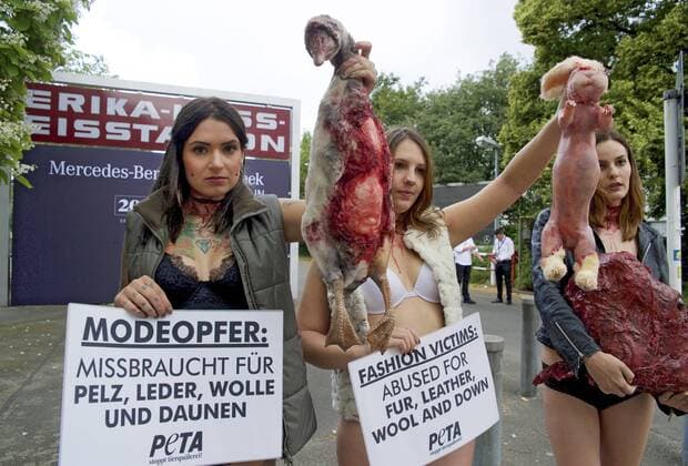 Schockierende Aktion gegen Tierqual: Mit lebensecht aussehenden, blutigen ?Tierleichen? von Kuh, Schaf, Kaninchen und Gans protestierte die Tierrechtsorganisation PETA am Dienstag (28.06.16) zum Start der Fashion Week vor dem Erika-Hess-Eisstadion in Berlin. Ihr Motto: Modeopfer: Missbraucht für Pelz, Leder, Wolle und Daunen . Damit appellierten die PETA-Unterstuetzerinnen an die Mode-Einkaeufer und Verbraucher, sich ueber das Tierleid zu informieren, was in Lederjacken, Wollcardigans, Daunen- oder Kaninchenpelzwesten stecke. PETA setzt sich für die Verwendung rein pflanzlicher oder synthetischer Materialien in der Bekleidungsbranche ein. PETA demonstriert mit blutigen Tierpuppen zum Start der Fashion Week Copyright: epd-bild RolfxZoellner EDITORIAL USE ONLY