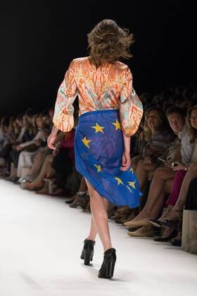 June 29, 2016 - Berlin, Germany - A model carries a flag of the European Union as she walks the runway at the Anja Gockel show during the Mercedes-Benz Fashion Week Berlin Spring Summer 2017 at Erika Hess Eisstadion in Berlin, Germany on June 29, 2016. Berlin Germany  - ZUMAn230