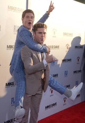 Cast members Adan Devine (L) and Zac Efron attend the premiere of the motion picture comedy Mike and Dave Need Wedding Dates at the ArcLight Cinema Dome in the Hollywood section of Los Angeles on June 29, 2016. Storyline: Hard-partying brothers place an online ad to find the perfect dates for their sister s Hawaiian wedding. Hoping for a wild getaway, the boys instead find themselves outsmarted and out-partied by the uncontrollable duo.  LAP2016062919 JIMxRUYMEN