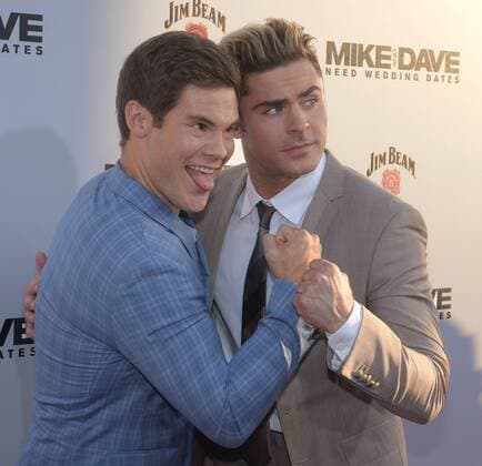 Cast members Adan Devine (L) and Zac Efron attend the premiere of the motion picture comedy Mike and Dave Need Wedding Dates at the ArcLight Cinema Dome in the Hollywood section of Los Angeles on June 29, 2016. Storyline: Hard-partying brothers place an online ad to find the perfect dates for their sister s Hawaiian wedding. Hoping for a wild getaway, the boys instead find themselves outsmarted and out-partied by the uncontrollable duo.  LAP2016062916 JIMxRUYMEN