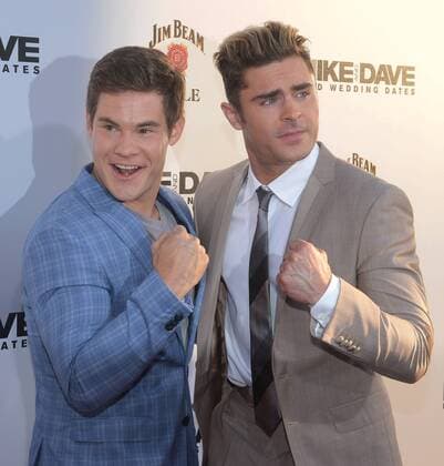 Cast members Adan Devine (L) and Zac Efron attend the premiere of the motion picture comedy Mike and Dave Need Wedding Dates at the ArcLight Cinema Dome in the Hollywood section of Los Angeles on June 29, 2016. Storyline: Hard-partying brothers place an online ad to find the perfect dates for their sister s Hawaiian wedding. Hoping for a wild getaway, the boys instead find themselves outsmarted and out-partied by the uncontrollable duo.  LAP2016062917 JIMxRUYMEN