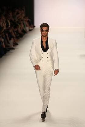Germany: Dimitri collection at the Mercedes-Benz Fashion Week Model wears the collection of Dimitri during the catwalk in the Erika Hess Ice Stadium in Berlin-Wedding. Numerous labels are taking part in the German fashion week for the 2017 spring summer season.  SimonexKuhlmey