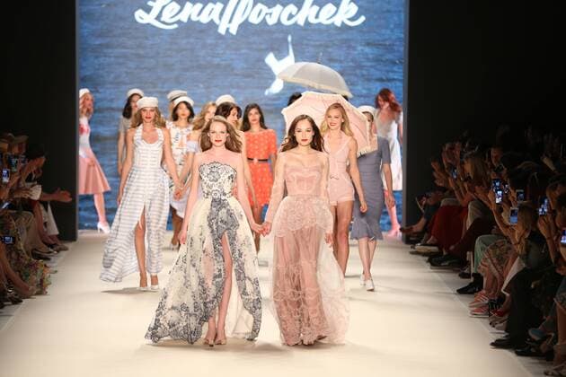 Berlin: Lena Hoschek at the Mercedes-Benz Fashion Week The photo shows Models with the collection of Lena Hoschek on the catwalk in the Erika Hess Ice Stadium in Berlin-Weding. The 19th time, the Mercedes-Benz Fashion Week Berlin. Numerous labels are taking part in the German fashion week for the 2017 spring summer season.  SimonexKuhlmey