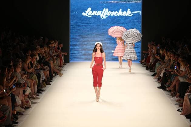 Berlin: Lena Hoschek at the Mercedes-Benz Fashion Week The photo shows Models with the collection of Lena Hoschek on the catwalk in the Erika Hess Ice Stadium in Berlin-Weding. The 19th time, the Mercedes-Benz Fashion Week Berlin. Numerous labels are taking part in the German fashion week for the 2017 spring summer season.  SimonexKuhlmey