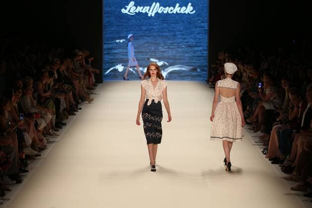 Berlin: Lena Hoschek at the Mercedes-Benz Fashion Week The photo shows Models with the collection of Lena Hoschek on the catwalk in the Erika Hess Ice Stadium in Berlin-Weding. The 19th time, the Mercedes-Benz Fashion Week Berlin. Numerous labels are taking part in the German fashion week for the 2017 spring summer season.  SimonexKuhlmey