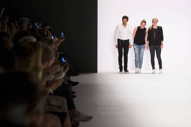 July 1, 2016 - Berlin, Germany - Fashion Designer Irene Luft (R) and Hair and Make up Artist Andre Maertens (L) aknowledge the applause of the guests the runway at the Irene Luft show during the Mercedes-Benz Fashion Week Berlin Spring Summer 2017 at Erika Hess Eisstadion in Berlin, Germany on July 1st, 2016. Berlin Germany  - ZUMAn230