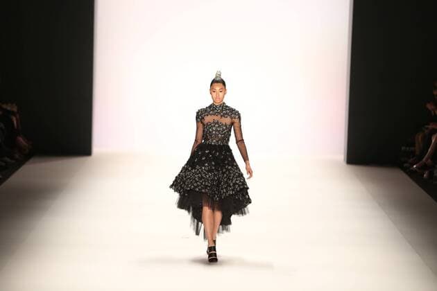 Germany: Irene Luft at the Mercedes-Benz Fashion Week Model wears the collection of Irene Luft during the catwalk in the Erika Hess Ice Stadium in Berlin-Wedding. Numerous labels are taking part in the German fashion week for the 2017 spring summer season.  SimonexKuhlmey