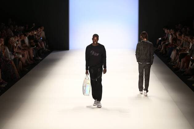 Germany: Julian Zigerli collections at the Mercedes-Benz Fashion Model wears the collection of Julian Zigerli during the catwalk in the Erika Hess Ice Stadium in Berlin-Wedding. Numerous labels are taking part in the German fashion week for the 2017 spring summer season.  SimonexKuhlmey