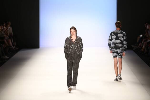 Germany: Julian Zigerli collections at the Mercedes-Benz Fashion Model wears the collection of Julian Zigerli during the catwalk in the Erika Hess Ice Stadium in Berlin-Wedding. Numerous labels are taking part in the German fashion week for the 2017 spring summer season.  SimonexKuhlmey