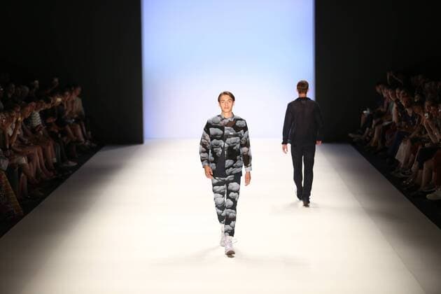 Germany: Julian Zigerli collections at the Mercedes-Benz Fashion Model wears the collection of Julian Zigerli during the catwalk in the Erika Hess Ice Stadium in Berlin-Wedding. Numerous labels are taking part in the German fashion week for the 2017 spring summer season.  SimonexKuhlmey