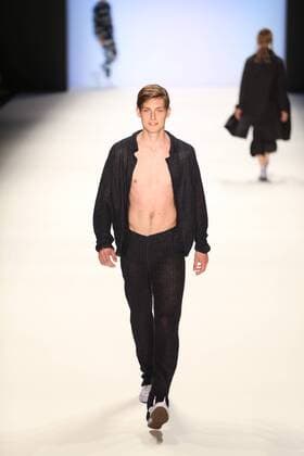 Germany: Julian Zigerli collections at the Mercedes-Benz Fashion Model wears the collection of Julian Zigerli during the catwalk in the Erika Hess Ice Stadium in Berlin-Wedding. Numerous labels are taking part in the German fashion week for the 2017 spring summer season.  SimonexKuhlmey