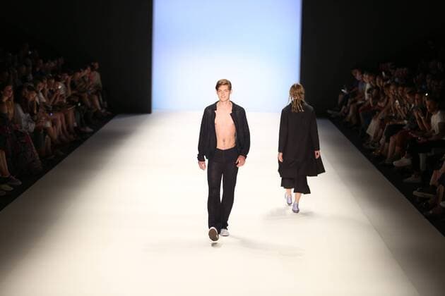 Germany: Julian Zigerli collections at the Mercedes-Benz Fashion Model wears the collection of Julian Zigerli during the catwalk in the Erika Hess Ice Stadium in Berlin-Wedding. Numerous labels are taking part in the German fashion week for the 2017 spring summer season.  SimonexKuhlmey
