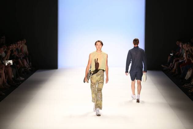 Germany: Julian Zigerli collections at the Mercedes-Benz Fashion Model wears the collection of Julian Zigerli during the catwalk in the Erika Hess Ice Stadium in Berlin-Wedding. Numerous labels are taking part in the German fashion week for the 2017 spring summer season.  SimonexKuhlmey