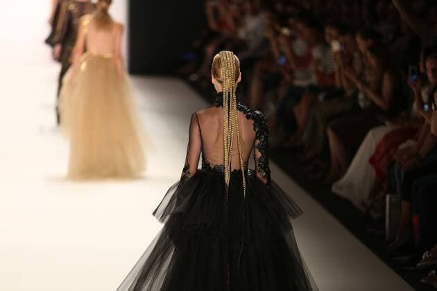 Germany: Irene Luft at the Mercedes-Benz Fashion Week Model wears the collection of Irene Luft during the catwalk in the Erika Hess Ice Stadium in Berlin-Wedding. Numerous labels are taking part in the German fashion week for the 2017 spring summer season.  SimonexKuhlmey