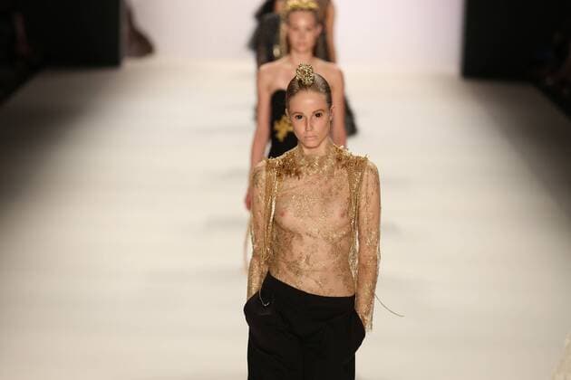 Germany: Irene Luft at the Mercedes-Benz Fashion Week Model wears the collection of Irene Luft during the catwalk in the Erika Hess Ice Stadium in Berlin-Wedding. Numerous labels are taking part in the German fashion week for the 2017 spring summer season.  SimonexKuhlmey