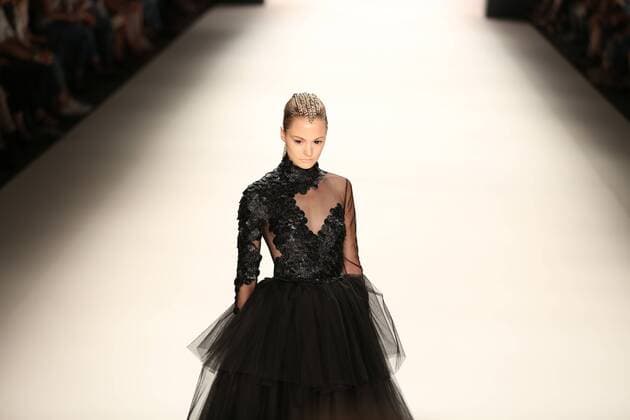 Germany: Irene Luft at the Mercedes-Benz Fashion Week Model wears the collection of Irene Luft during the catwalk in the Erika Hess Ice Stadium in Berlin-Wedding. Numerous labels are taking part in the German fashion week for the 2017 spring summer season.  SimonexKuhlmey