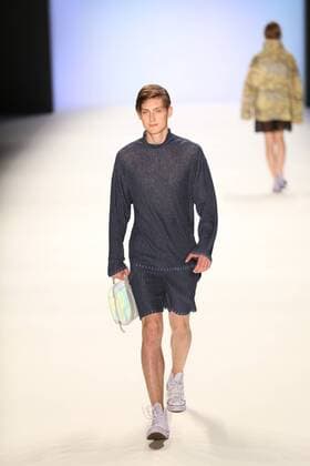 Germany: Julian Zigerli collections at the Mercedes-Benz Fashion Model wears the collection of Julian Zigerli during the catwalk in the Erika Hess Ice Stadium in Berlin-Wedding. Numerous labels are taking part in the German fashion week for the 2017 spring summer season.  SimonexKuhlmey