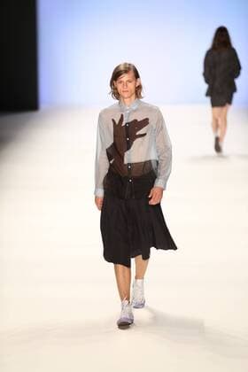 Germany: Julian Zigerli collections at the Mercedes-Benz Fashion Model wears the collection of Julian Zigerli during the catwalk in the Erika Hess Ice Stadium in Berlin-Wedding. Numerous labels are taking part in the German fashion week for the 2017 spring summer season.  SimonexKuhlmey