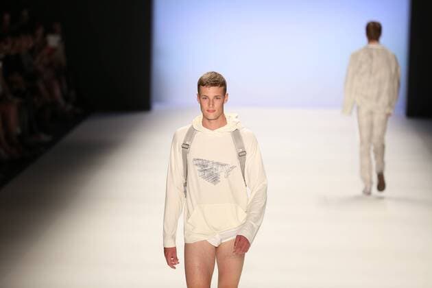 Germany: Julian Zigerli collections at the Mercedes-Benz Fashion Model wears the collection of Julian Zigerli during the catwalk in the Erika Hess Ice Stadium in Berlin-Wedding. Numerous labels are taking part in the German fashion week for the 2017 spring summer season.  SimonexKuhlmey